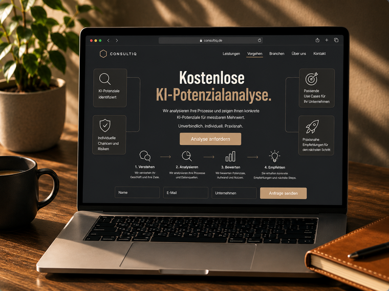 Laptop mit einer Website zur KI-Potenzialanalyse für Unternehmen.